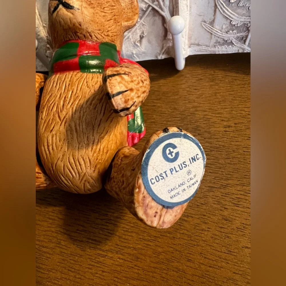 Vintage Brown Ceramic Teddy Bear Articulated Moveable Joints Christmas Ornament